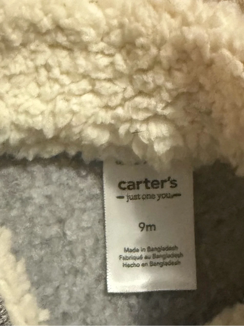 Carter’s - Cozy Grey Sherpa Lined Collar Baby Fleece Romper -Size 9 Months